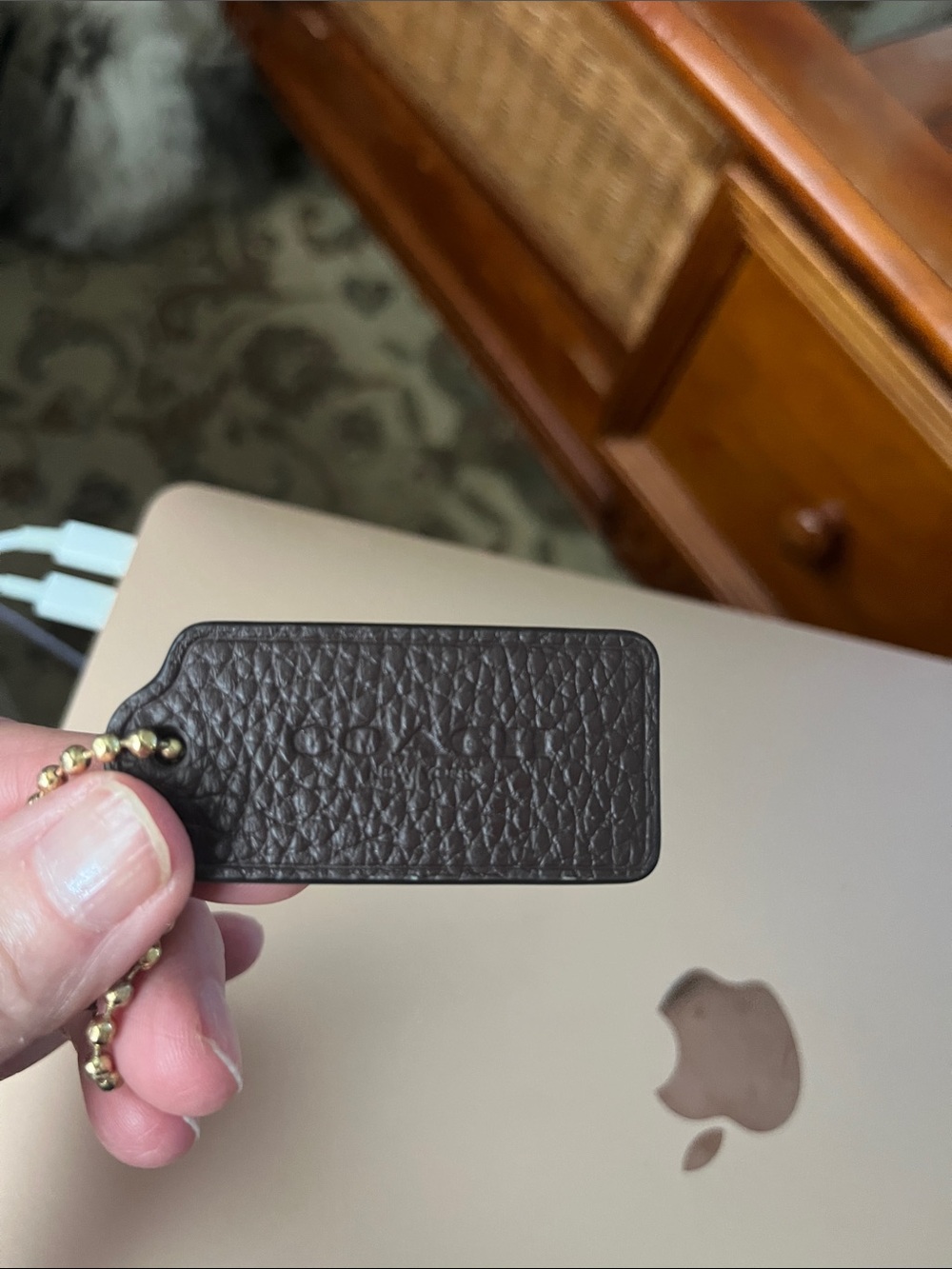 Coach Black Pebbled Leather Key Tag with Gold Ball Chain